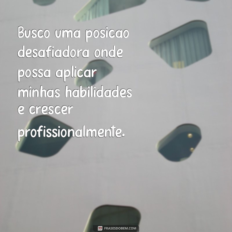 frases de currículo objetivo Busco uma posição desafiadora onde possa aplicar minhas habilidades e crescer profissionalmente.