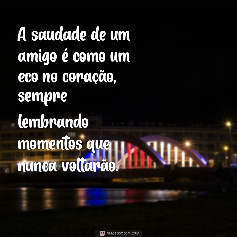 saudades de um amigo A saudade de um amigo é como um eco no coração, sempre lembrando momentos que nunca voltarão.