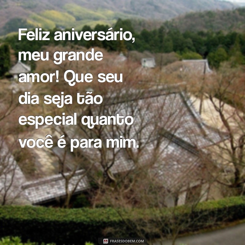 feliz aniversário meu grande amor Feliz aniversário, meu grande amor! Que seu dia seja tão especial quanto você é para mim.