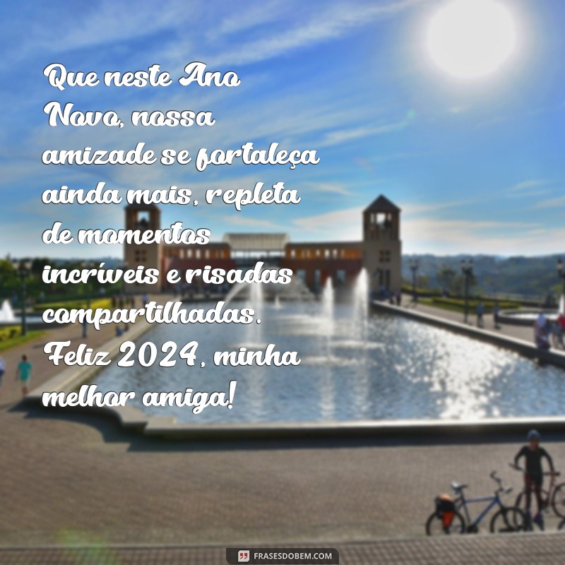 mensagem de ano novo para melhor amiga Que neste Ano Novo, nossa amizade se fortaleça ainda mais, repleta de momentos incríveis e risadas compartilhadas. Feliz 2024, minha melhor amiga!