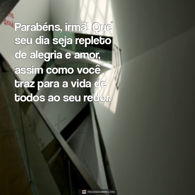 mensagem de aniversário p irmã Parabéns, irmã! Que seu dia seja repleto de alegria e amor, assim como você traz para a vida de todos ao seu redor.