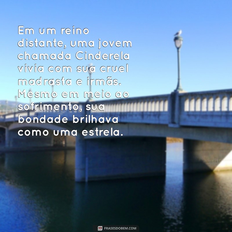 historia da cinderela Em um reino distante, uma jovem chamada Cinderela vivia com sua cruel madrasta e irmãs. Mesmo em meio ao sofrimento, sua bondade brilhava como uma estrela.