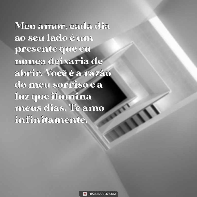 carta de namorado Meu amor, cada dia ao seu lado é um presente que eu nunca deixaria de abrir. Você é a razão do meu sorriso e a luz que ilumina meus dias. Te amo infinitamente.