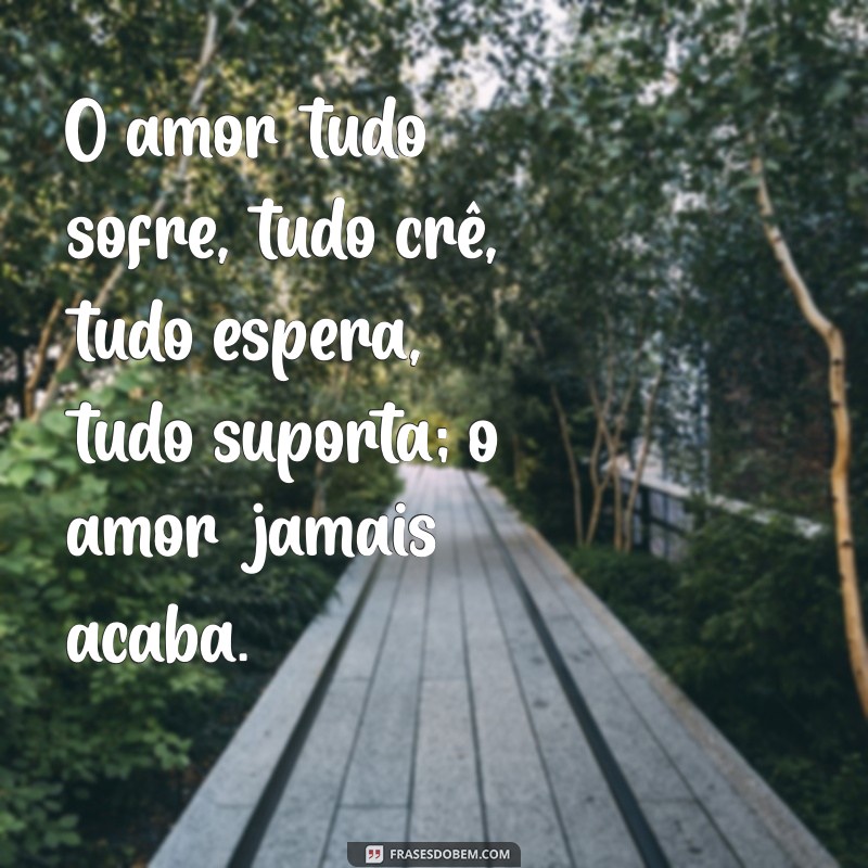 o amor tudo sofre tudo crê tudo espera tudo suporta o amor jamais acaba O amor tudo sofre, tudo crê, tudo espera, tudo suporta; o amor jamais acaba.