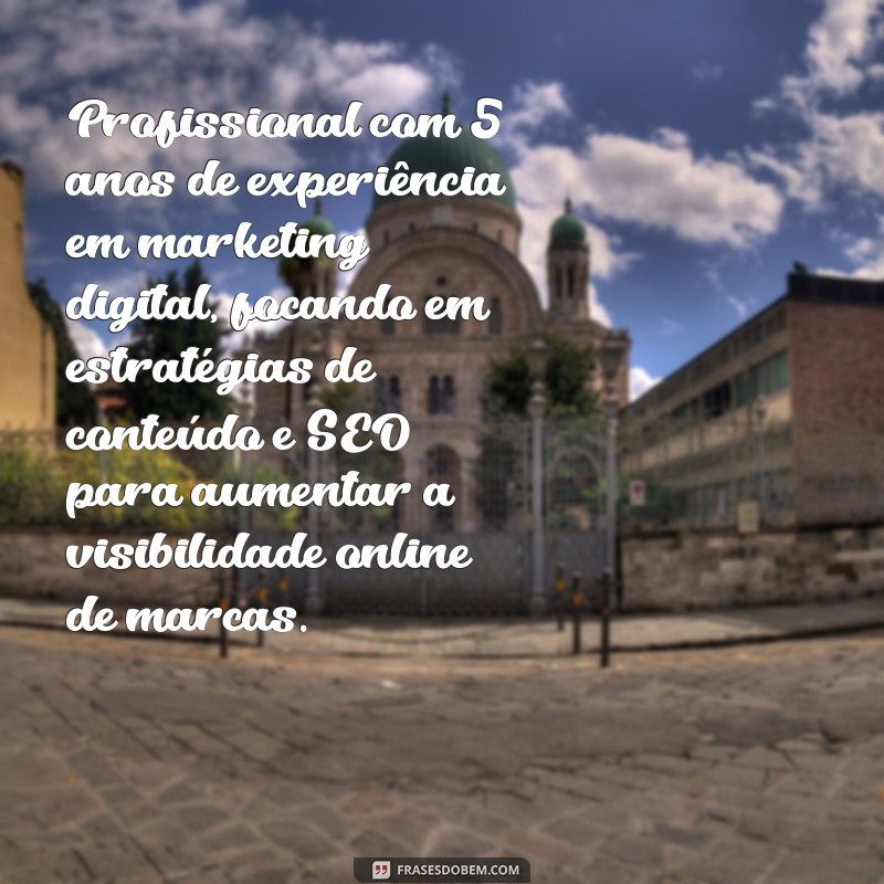 resumo experiência profissional Profissional com 5 anos de experiência em marketing digital, focando em estratégias de conteúdo e SEO para aumentar a visibilidade online de marcas.