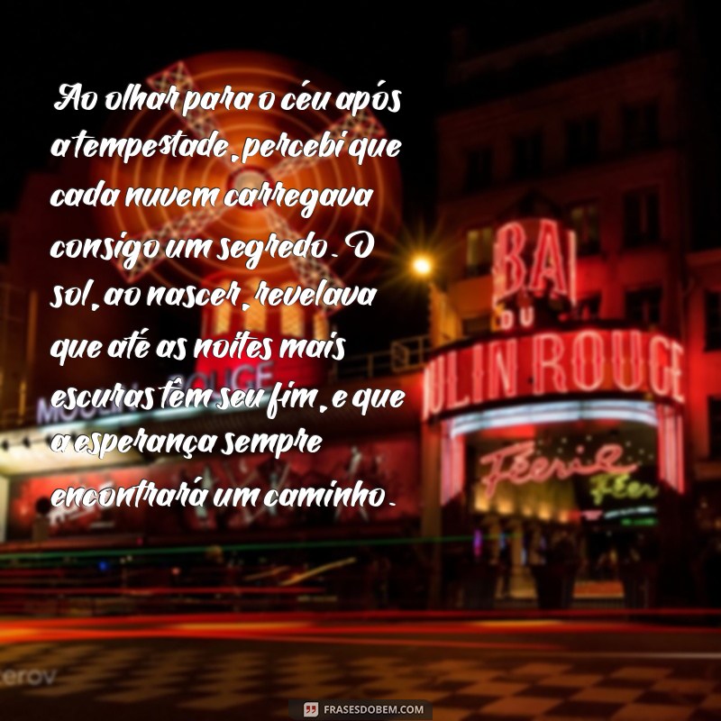 poema em prosa Ao olhar para o céu após a tempestade, percebi que cada nuvem carregava consigo um segredo. O sol, ao nascer, revelava que até as noites mais escuras têm seu fim, e que a esperança sempre encontrará um caminho.