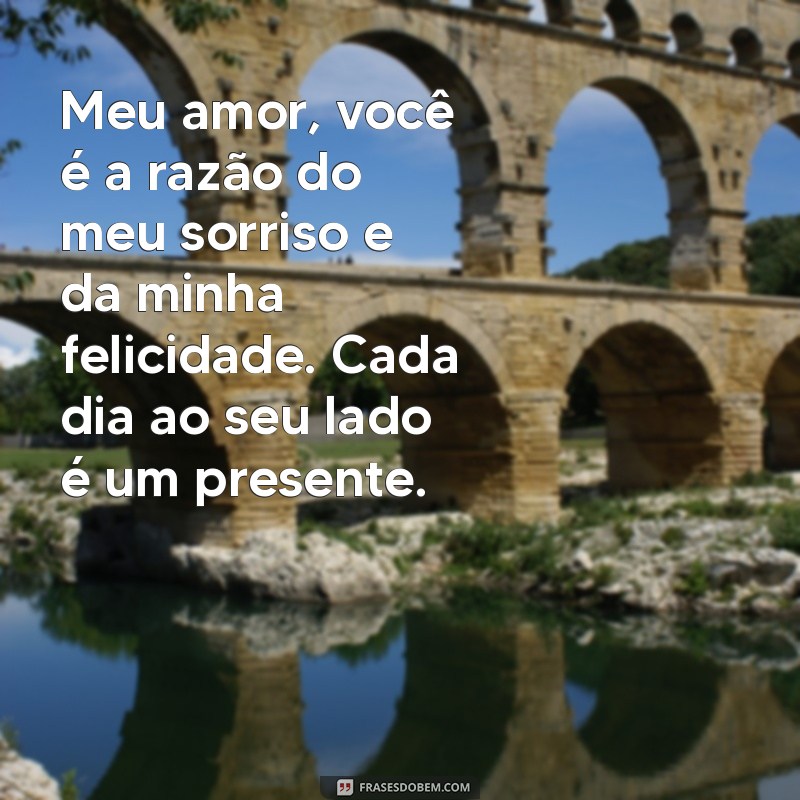 texto para o meu amor Meu amor, você é a razão do meu sorriso e da minha felicidade. Cada dia ao seu lado é um presente.