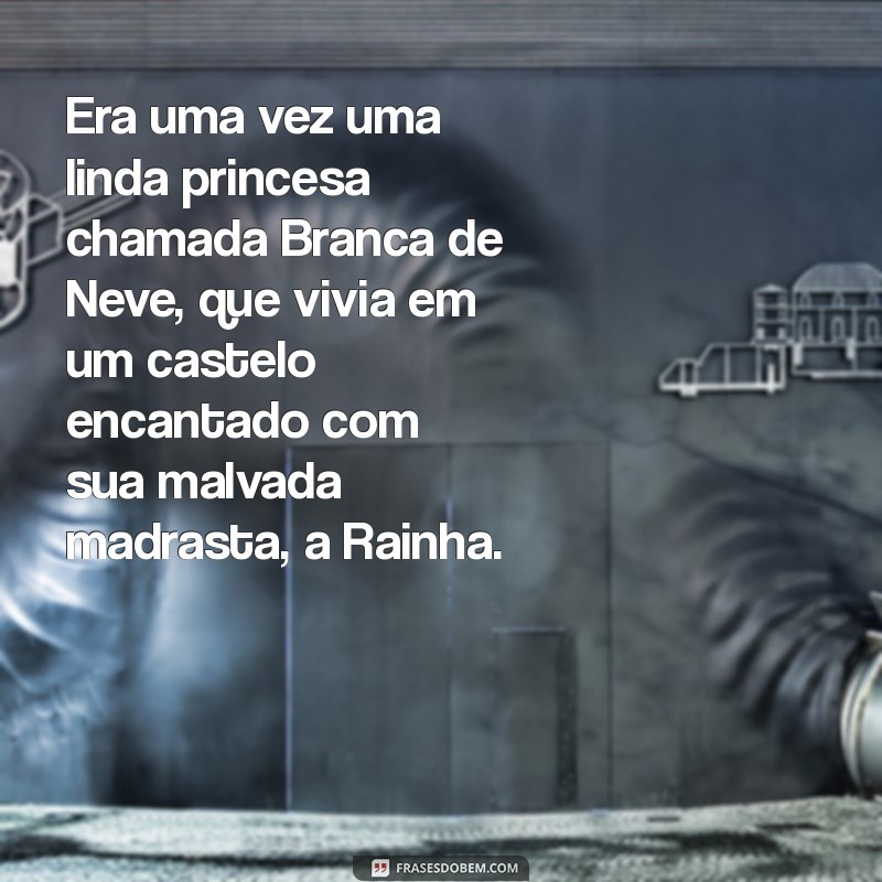 historia infantil branca de neve e os 7 anoes Era uma vez uma linda princesa chamada Branca de Neve, que vivia em um castelo encantado com sua malvada madrasta, a Rainha.