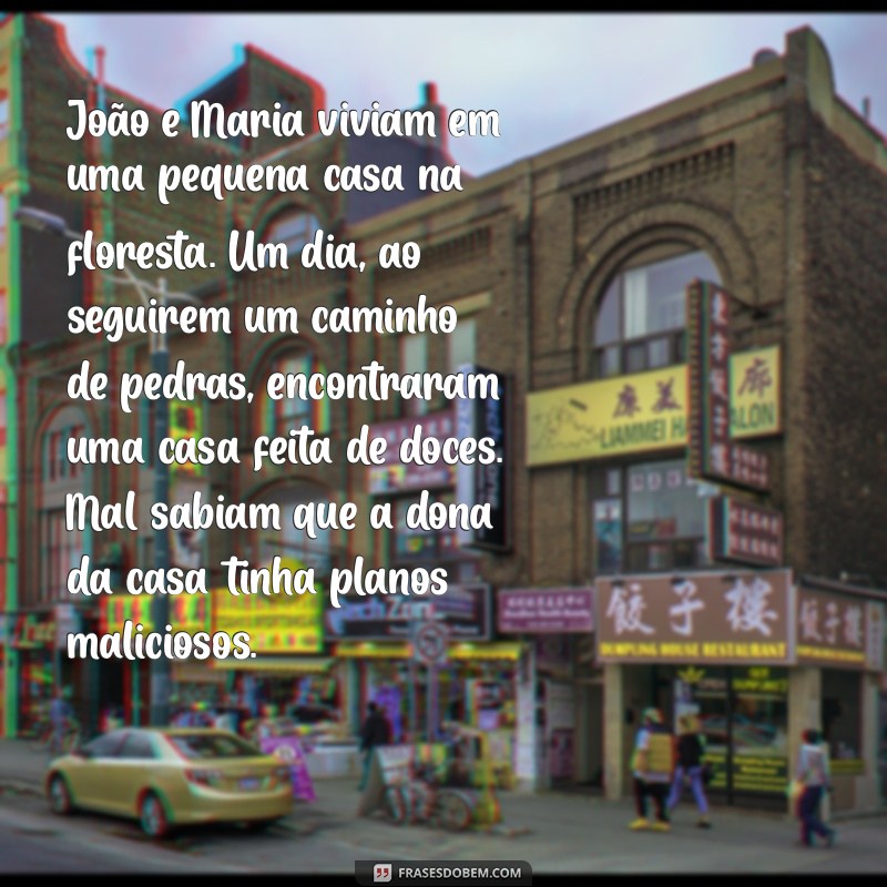 história de joão e maria João e Maria viviam em uma pequena casa na floresta. Um dia, ao seguirem um caminho de pedras, encontraram uma casa feita de doces. Mal sabiam que a dona da casa tinha planos maliciosos.
