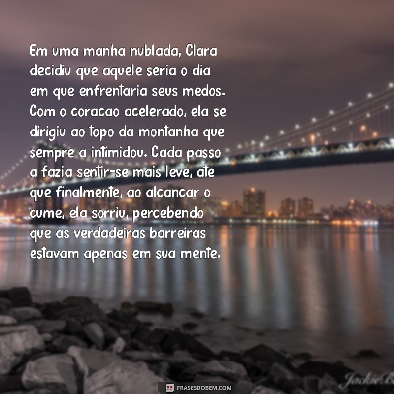 texto narrativo em prosa Em uma manhã nublada, Clara decidiu que aquele seria o dia em que enfrentaria seus medos. Com o coração acelerado, ela se dirigiu ao topo da montanha que sempre a intimidou. Cada passo a fazia sentir-se mais leve, até que finalmente, ao alcançar o cume, ela sorriu, percebendo que as verdadeiras barreiras estavam apenas em sua mente.