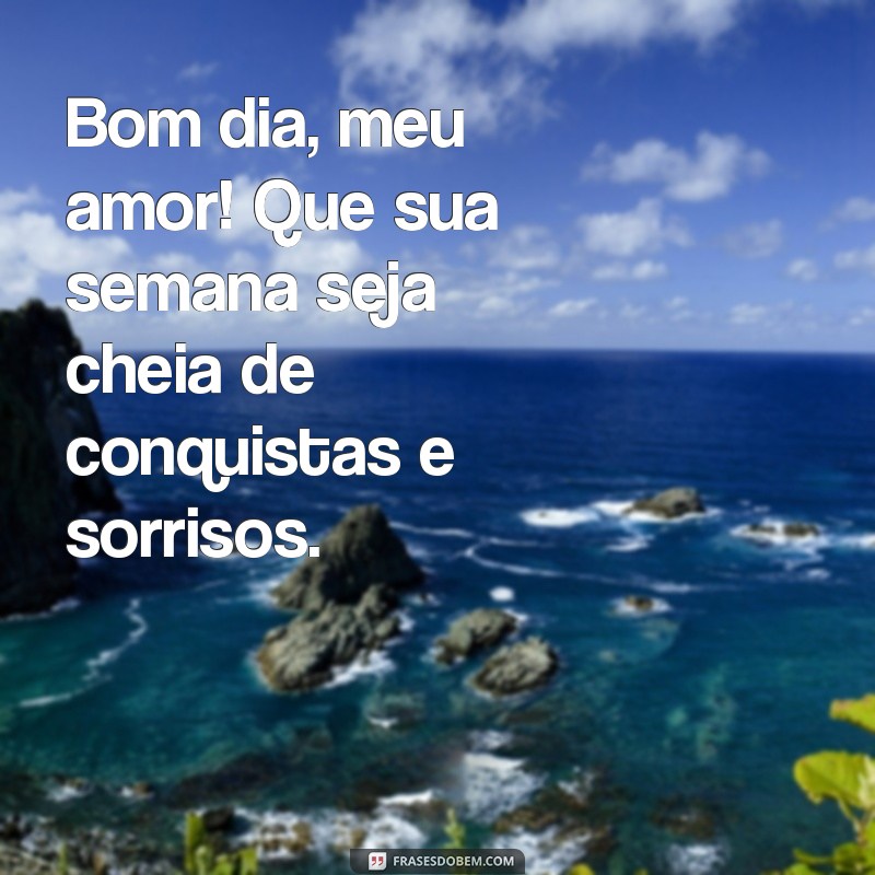 bom dia meu amor boa semana Bom dia, meu amor! Que sua semana seja cheia de conquistas e sorrisos.