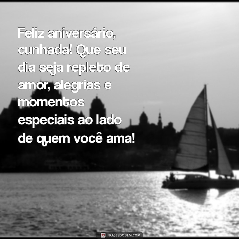 mensagem de aniversário para cunhada querida Feliz aniversário, cunhada! Que seu dia seja repleto de amor, alegrias e momentos especiais ao lado de quem você ama!