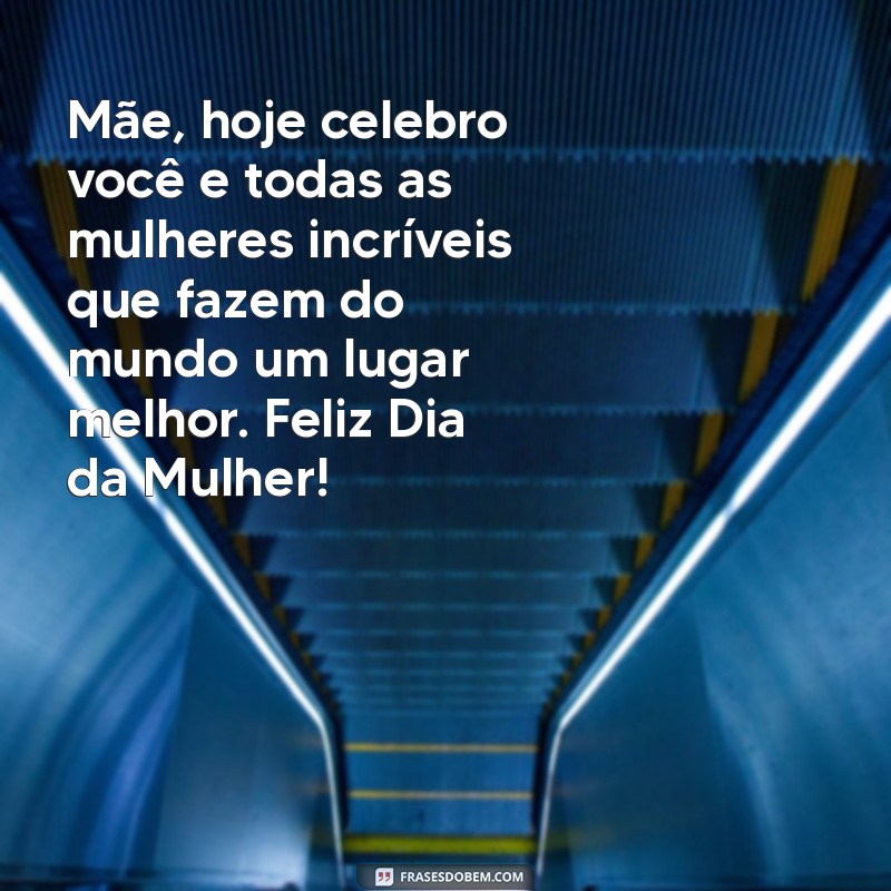 feliz dia da mulher para minha mae Mãe, hoje celebro você e todas as mulheres incríveis que fazem do mundo um lugar melhor. Feliz Dia da Mulher!