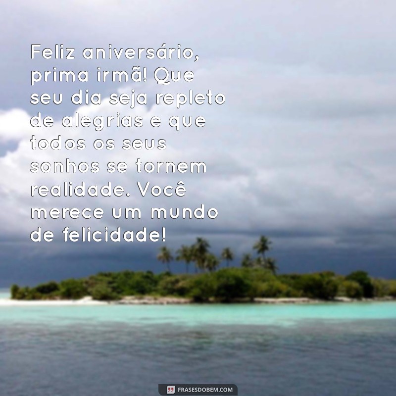 mensagem emocionante de aniversário para prima irmã Feliz aniversário, prima irmã! Que seu dia seja repleto de alegrias e que todos os seus sonhos se tornem realidade. Você merece um mundo de felicidade!