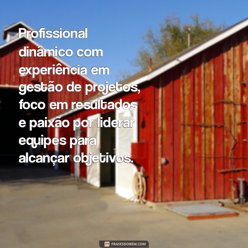 descricao do curriculo Profissional dinâmico com experiência em gestão de projetos, foco em resultados e paixão por liderar equipes para alcançar objetivos.