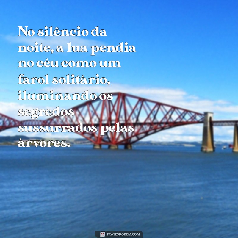 exemplos de texto literário No silêncio da noite, a lua pendia no céu como um farol solitário, iluminando os segredos sussurrados pelas árvores.