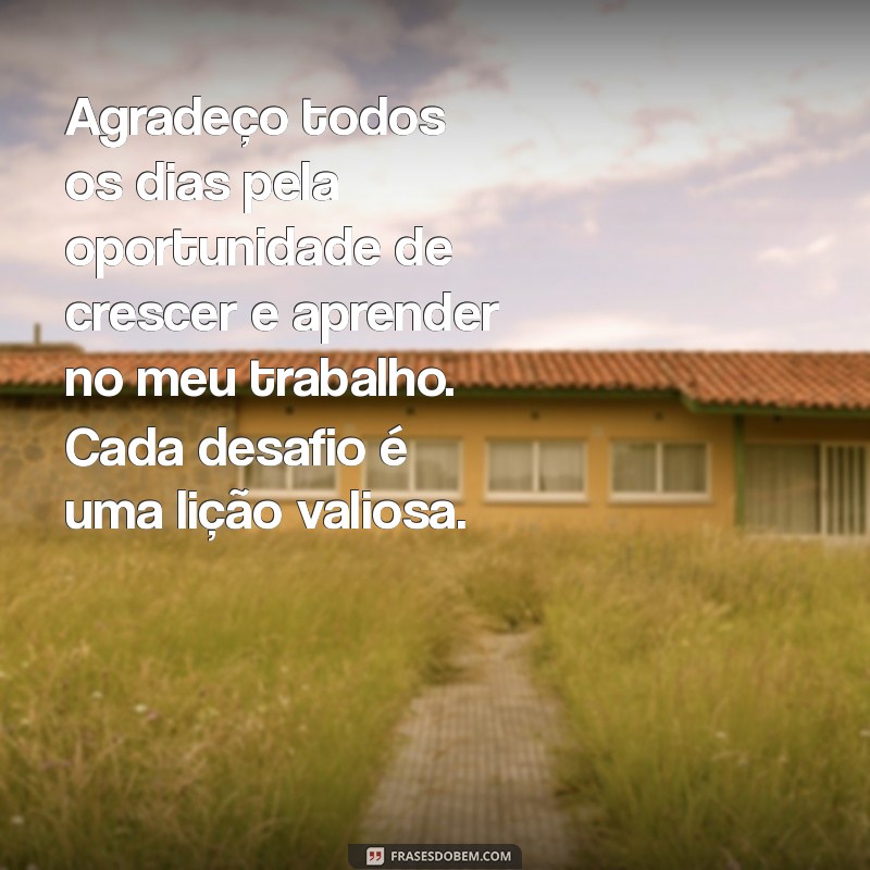 mensagem de gratidão ao trabalho Agradeço todos os dias pela oportunidade de crescer e aprender no meu trabalho. Cada desafio é uma lição valiosa.