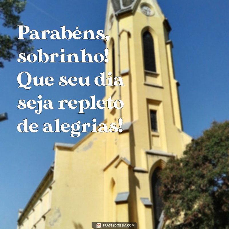 parabéns sobrinho frases curtas Parabéns, sobrinho! Que seu dia seja repleto de alegrias!