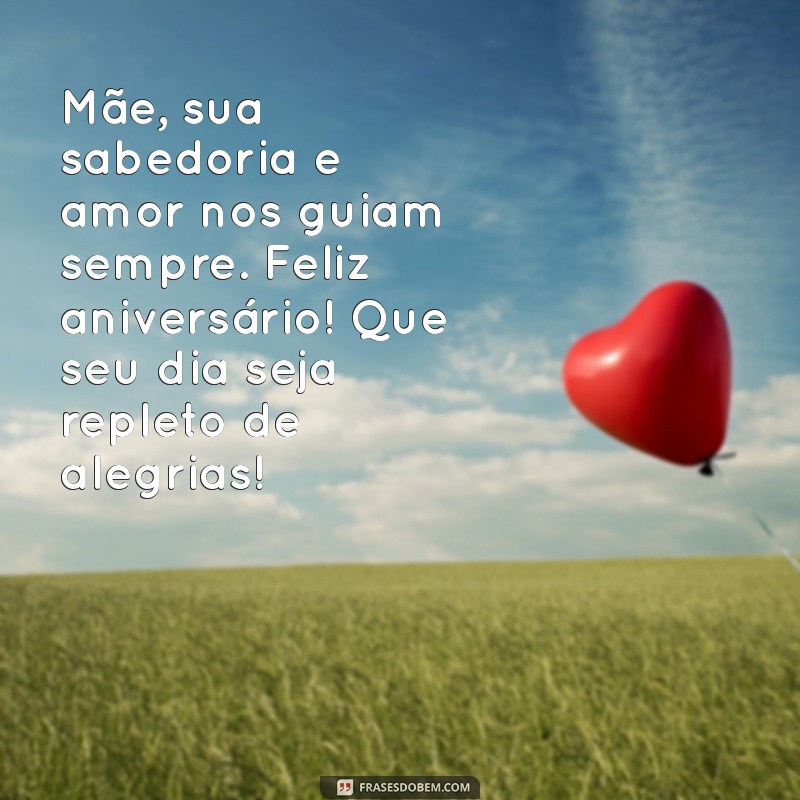 mensagem de aniversário para mãe avó Mãe, sua sabedoria e amor nos guiam sempre. Feliz aniversário! Que seu dia seja repleto de alegrias!