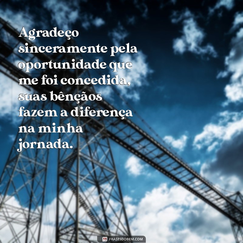 frases de agradecimento pela oportunidade Agradeço sinceramente pela oportunidade que me foi concedida, suas bênçãos fazem a diferença na minha jornada.