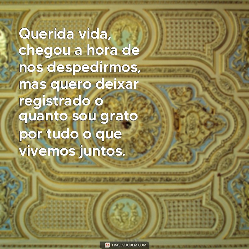 frases carta de despedida da vida Querida vida, chegou a hora de nos despedirmos, mas quero deixar registrado o quanto sou grato por tudo o que vivemos juntos.