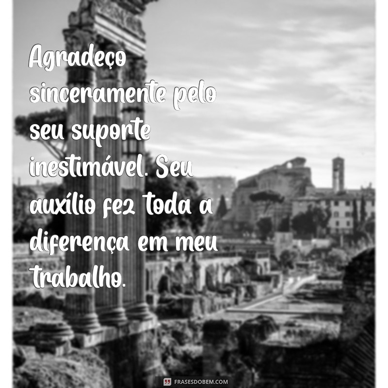 gratidão mensagem de agradecimento profissional Agradeço sinceramente pelo seu suporte inestimável. Seu auxílio fez toda a diferença em meu trabalho.