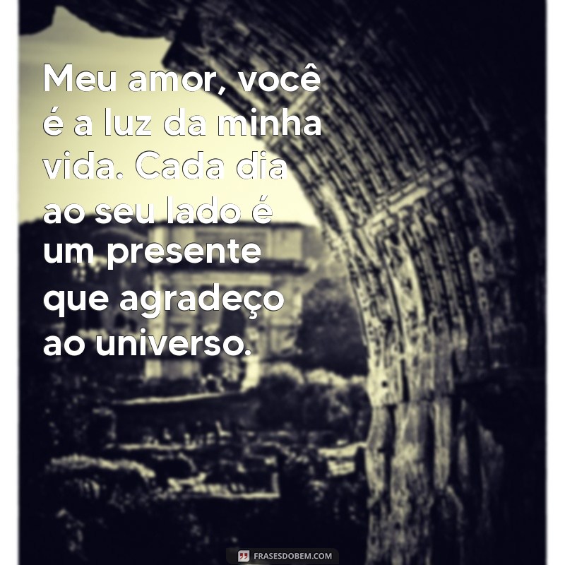 declaração de amor para esposa texto Meu amor, você é a luz da minha vida. Cada dia ao seu lado é um presente que agradeço ao universo.