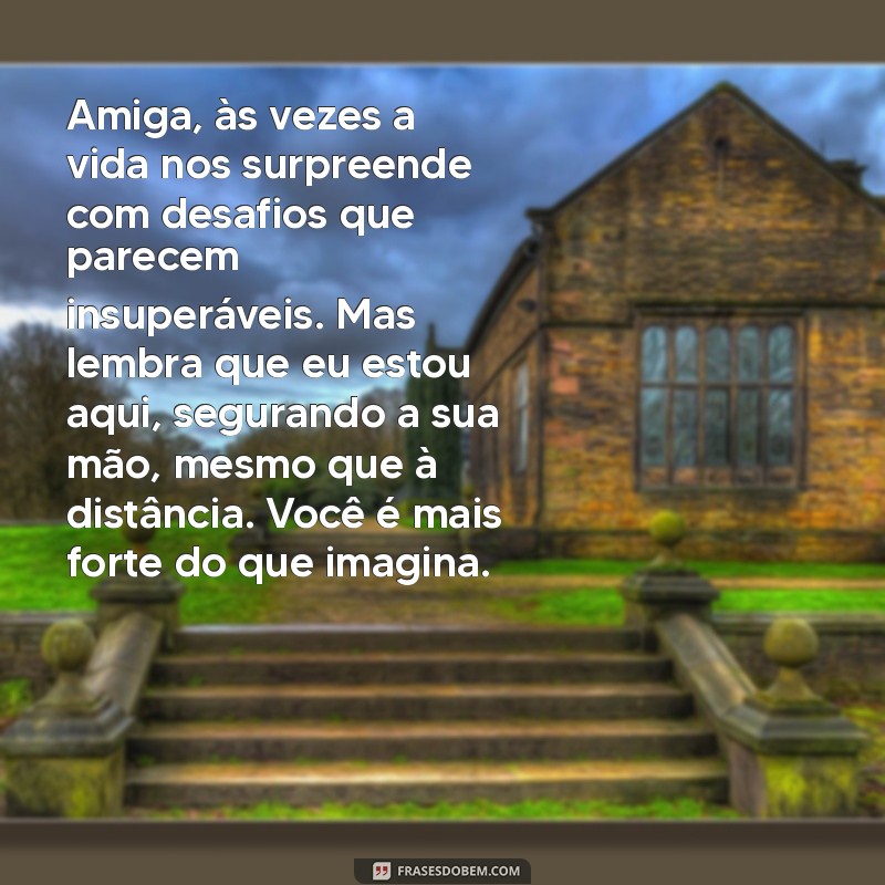 texto para amiga chorar Amiga, às vezes a vida nos surpreende com desafios que parecem insuperáveis. Mas lembra que eu estou aqui, segurando a sua mão, mesmo que à distância. Você é mais forte do que imagina.