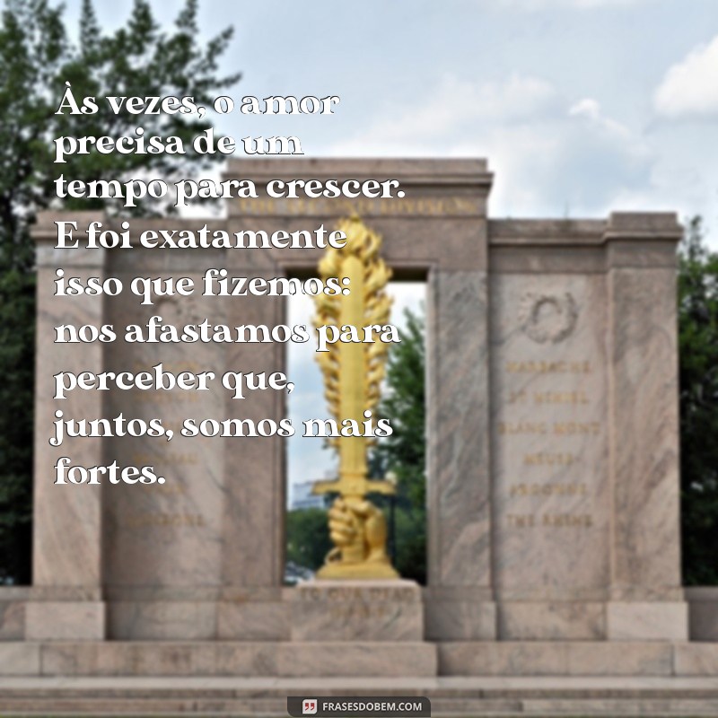 texto casal que se separaram e depois voltaram Às vezes, o amor precisa de um tempo para crescer. E foi exatamente isso que fizemos: nos afastamos para perceber que, juntos, somos mais fortes.