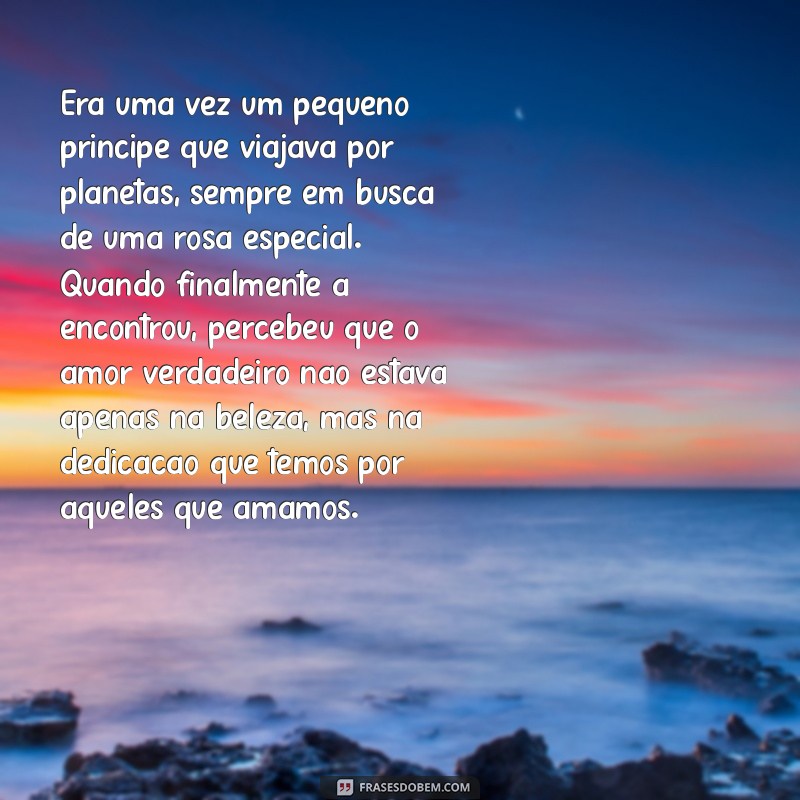 histórias para contar para namorada dormir Era uma vez um pequeno príncipe que viajava por planetas, sempre em busca de uma rosa especial. Quando finalmente a encontrou, percebeu que o amor verdadeiro não estava apenas na beleza, mas na dedicação que temos por aqueles que amamos.