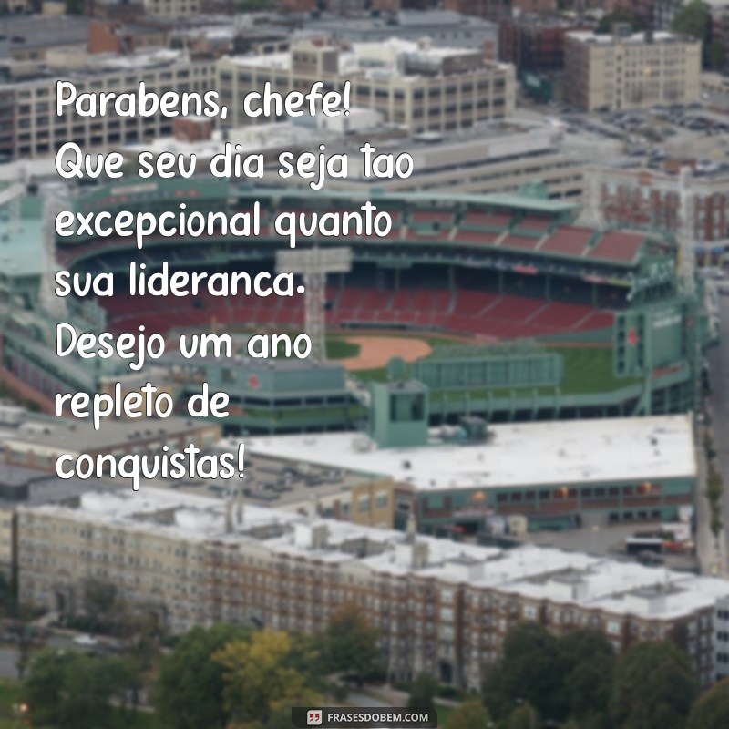 mensagem de feliz aniversário para o chefe Parabéns, chefe! Que seu dia seja tão excepcional quanto sua liderança. Desejo um ano repleto de conquistas!
