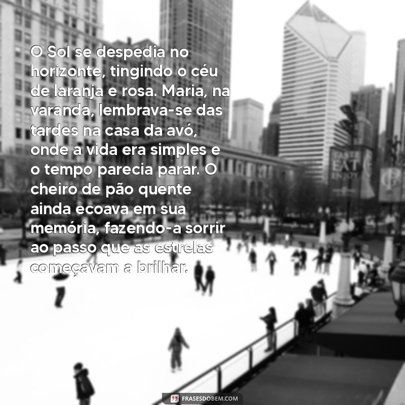 crônica narrativa pequena O Sol se despedia no horizonte, tingindo o céu de laranja e rosa. Maria, na varanda, lembrava-se das tardes na casa da avó, onde a vida era simples e o tempo parecia parar. O cheiro de pão quente ainda ecoava em sua memória, fazendo-a sorrir ao passo que as estrelas começavam a brilhar.