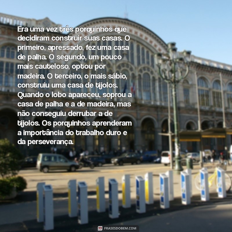 história de três porquinhos Era uma vez três porquinhos que decidiram construir suas casas. O primeiro, apressado, fez uma casa de palha. O segundo, um pouco mais cauteloso, optou por madeira. O terceiro, o mais sábio, construiu uma casa de tijolos. Quando o lobo apareceu, soprou a casa de palha e a de madeira, mas não conseguiu derrubar a de tijolos. Os porquinhos aprenderam a importância do trabalho duro e da perseverança.