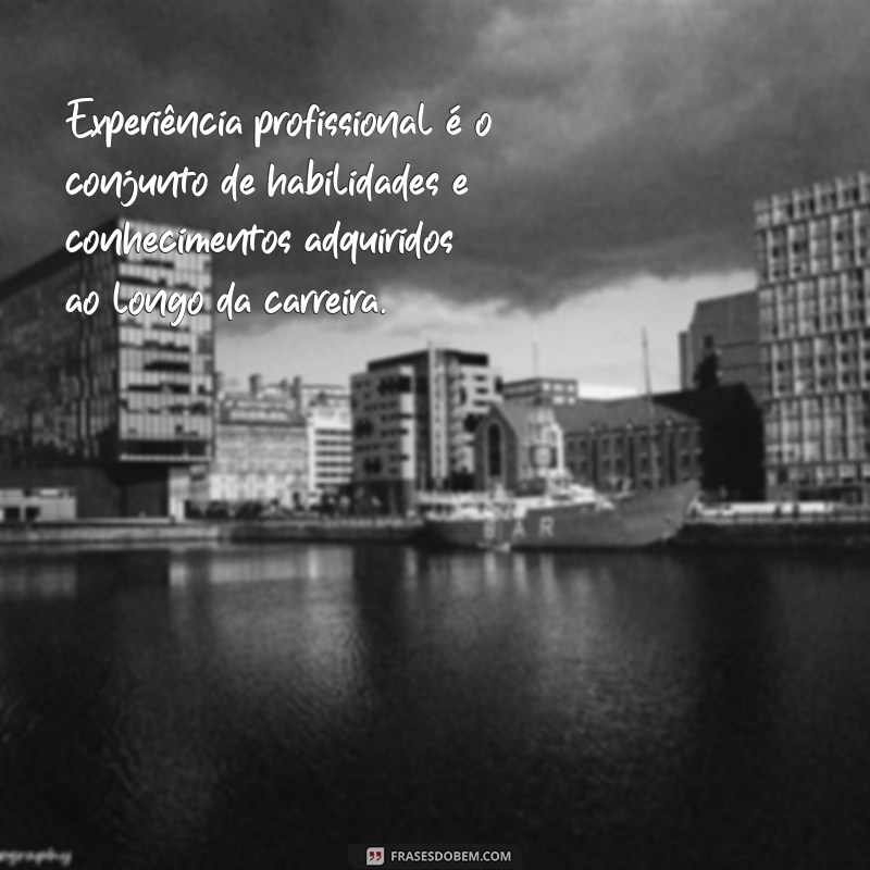 o'que e experiência profissional Experiência profissional é o conjunto de habilidades e conhecimentos adquiridos ao longo da carreira.