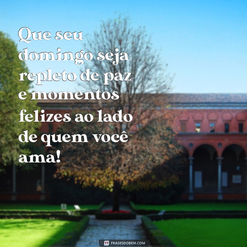 frases de feliz domingo Que seu domingo seja repleto de paz e momentos felizes ao lado de quem você ama!