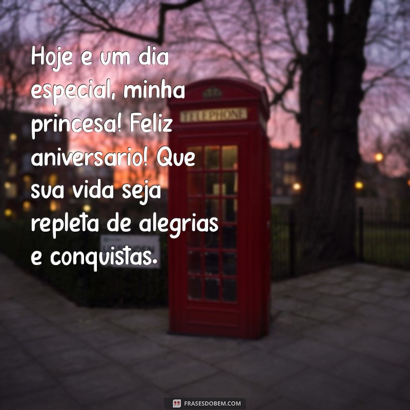 texto aniversário para filha Hoje é um dia especial, minha princesa! Feliz aniversário! Que sua vida seja repleta de alegrias e conquistas.