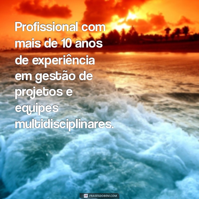 faça um resumo de suas qualificações habilidades e realizações profissionais Profissional com mais de 10 anos de experiência em gestão de projetos e equipes multidisciplinares.