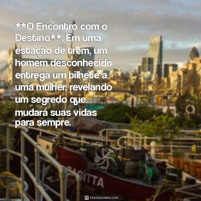 historia para contar **O Encontro com o Destino**: Em uma estação de trem, um homem desconhecido entrega um bilhete a uma mulher, revelando um segredo que mudará suas vidas para sempre.