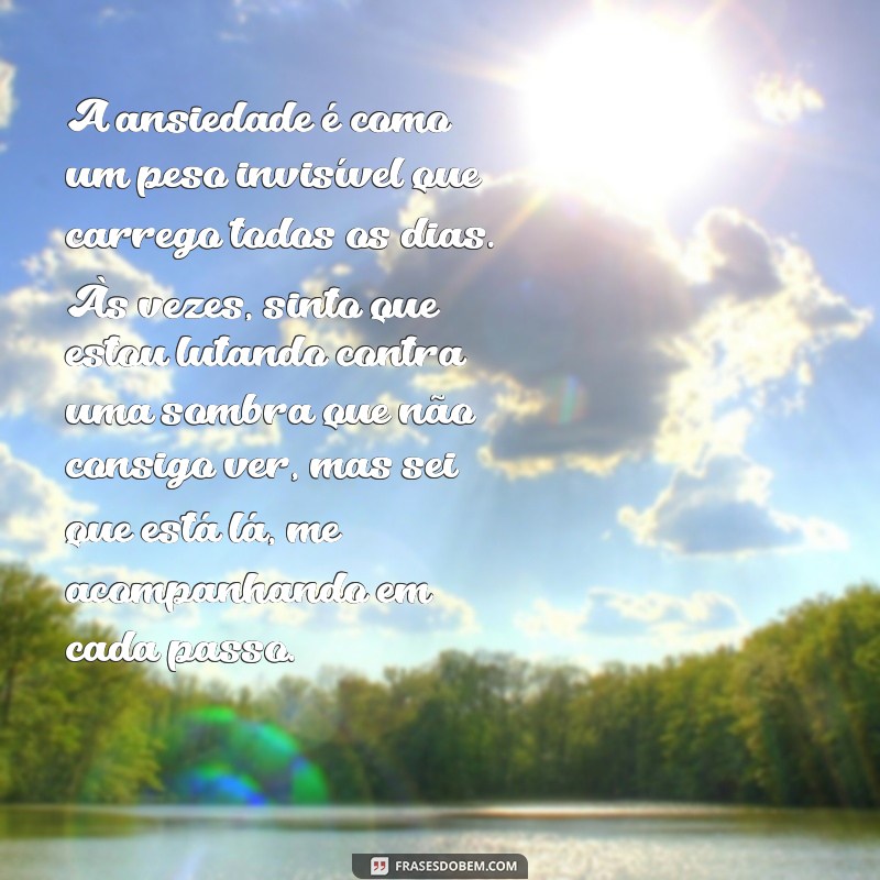 texto sobre ansiedade desabafo A ansiedade é como um peso invisível que carrego todos os dias. Às vezes, sinto que estou lutando contra uma sombra que não consigo ver, mas sei que está lá, me acompanhando em cada passo.