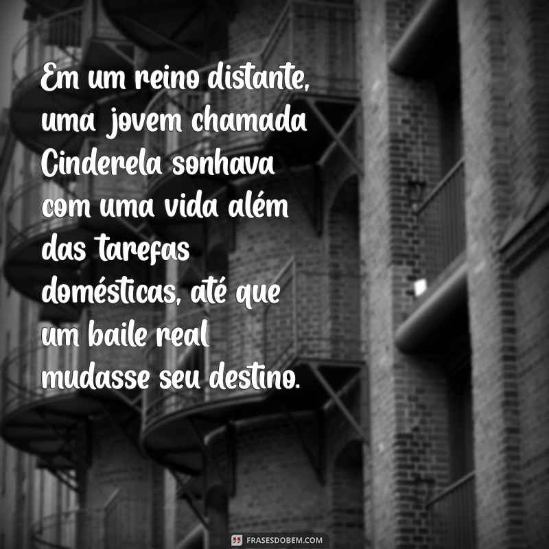história da princesa cinderela Em um reino distante, uma jovem chamada Cinderela sonhava com uma vida além das tarefas domésticas, até que um baile real mudasse seu destino.