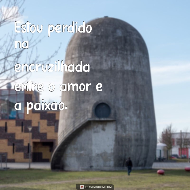 estou dividido entre o amor e paixao Estou perdido na encruzilhada entre o amor e a paixão.