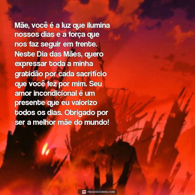 mensagem grande para o dia das mães Mãe, você é a luz que ilumina nossos dias e a força que nos faz seguir em frente. Neste Dia das Mães, quero expressar toda a minha gratidão por cada sacrifício que você fez por mim. Seu amor incondicional é um presente que eu valorizo todos os dias. Obrigado por ser a melhor mãe do mundo!