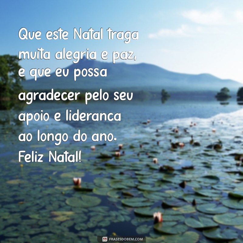 mensagem de natal e agradecimento para chefe Que este Natal traga muita alegria e paz, e que eu possa agradecer pelo seu apoio e liderança ao longo do ano. Feliz Natal!