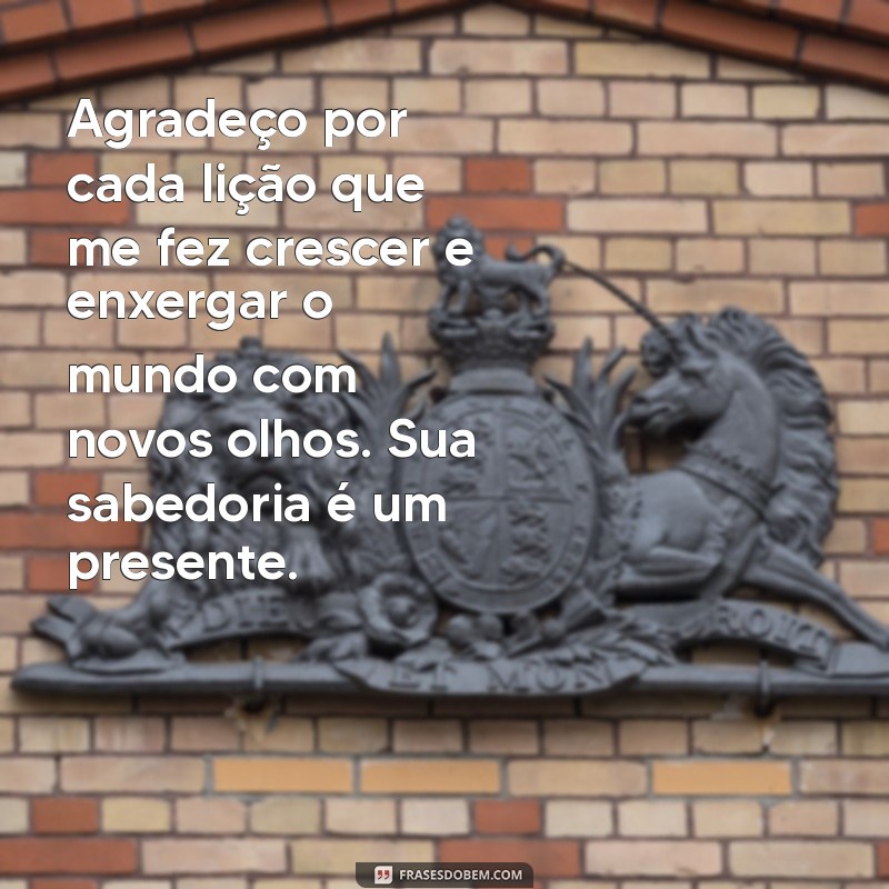 mensagem de agradecimento pelo ensinamento Agradeço por cada lição que me fez crescer e enxergar o mundo com novos olhos. Sua sabedoria é um presente.