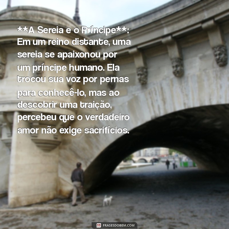 historia da sereia **A Sereia e o Príncipe**: Em um reino distante, uma sereia se apaixonou por um príncipe humano. Ela trocou sua voz por pernas para conhecê-lo, mas ao descobrir uma traição, percebeu que o verdadeiro amor não exige sacrifícios.