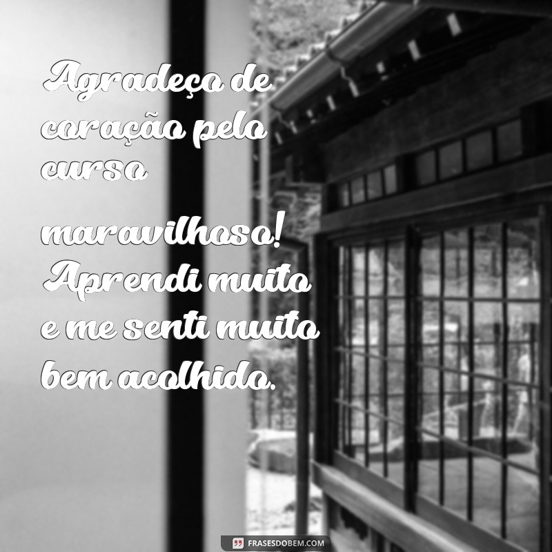 agradecimento pelo curso maravilhoso Agradeço de coração pelo curso maravilhoso! Aprendi muito e me senti muito bem acolhido.