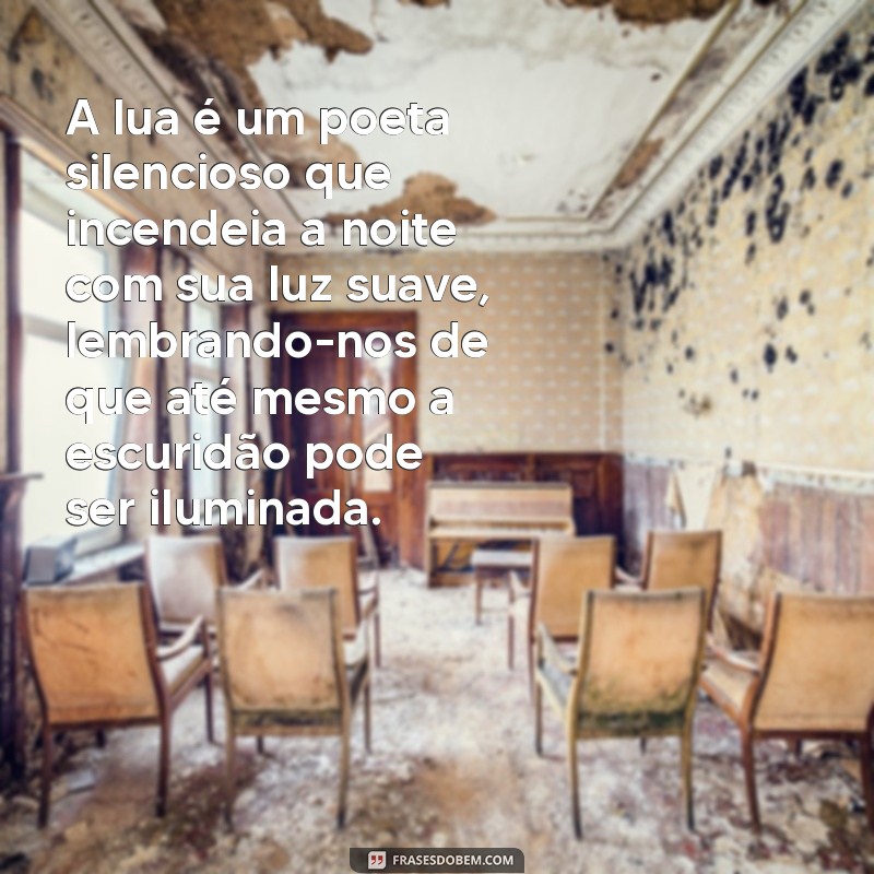 textos lindos sobre a lua A lua é um poeta silencioso que incendeia a noite com sua luz suave, lembrando-nos de que até mesmo a escuridão pode ser iluminada.