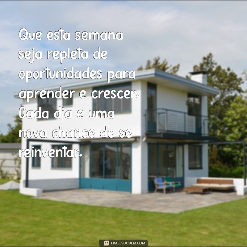 mensagem de boa semana com sabedoria Que esta semana seja repleta de oportunidades para aprender e crescer. Cada dia é uma nova chance de se reinventar.