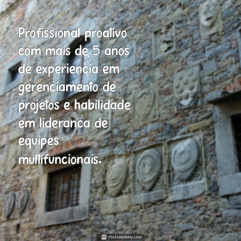 resumo profissional modelo Profissional proativo com mais de 5 anos de experiência em gerenciamento de projetos e habilidade em liderança de equipes multifuncionais.