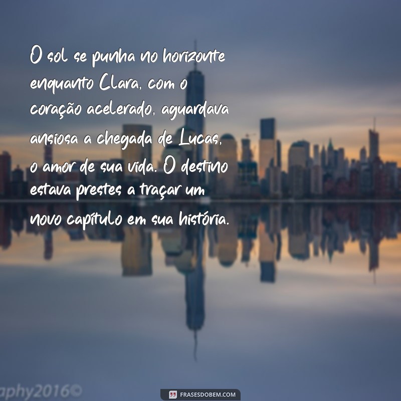 texto de novela O sol se punha no horizonte enquanto Clara, com o coração acelerado, aguardava ansiosa a chegada de Lucas, o amor de sua vida. O destino estava prestes a traçar um novo capítulo em sua história.